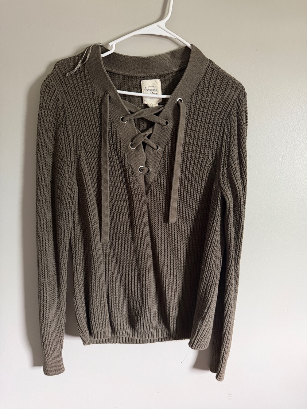 Lace-Up V-Neck Knit Sweater - Olive Green